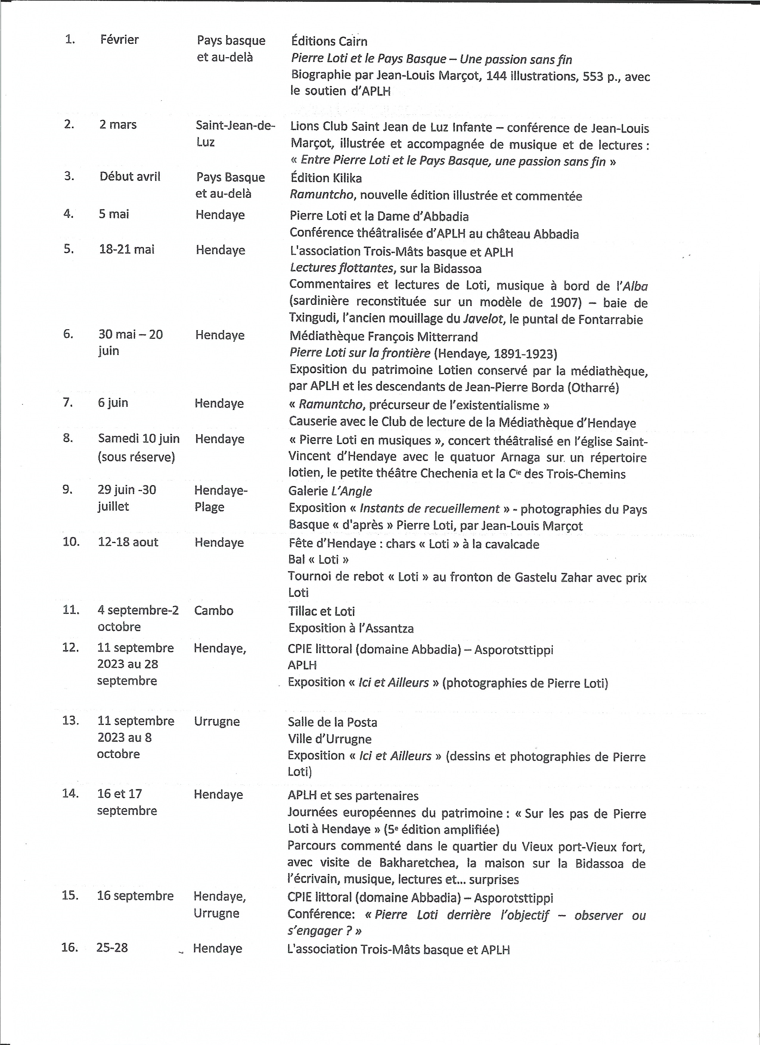 Calendrier des évènements en l'honneur de Pierre LOTI