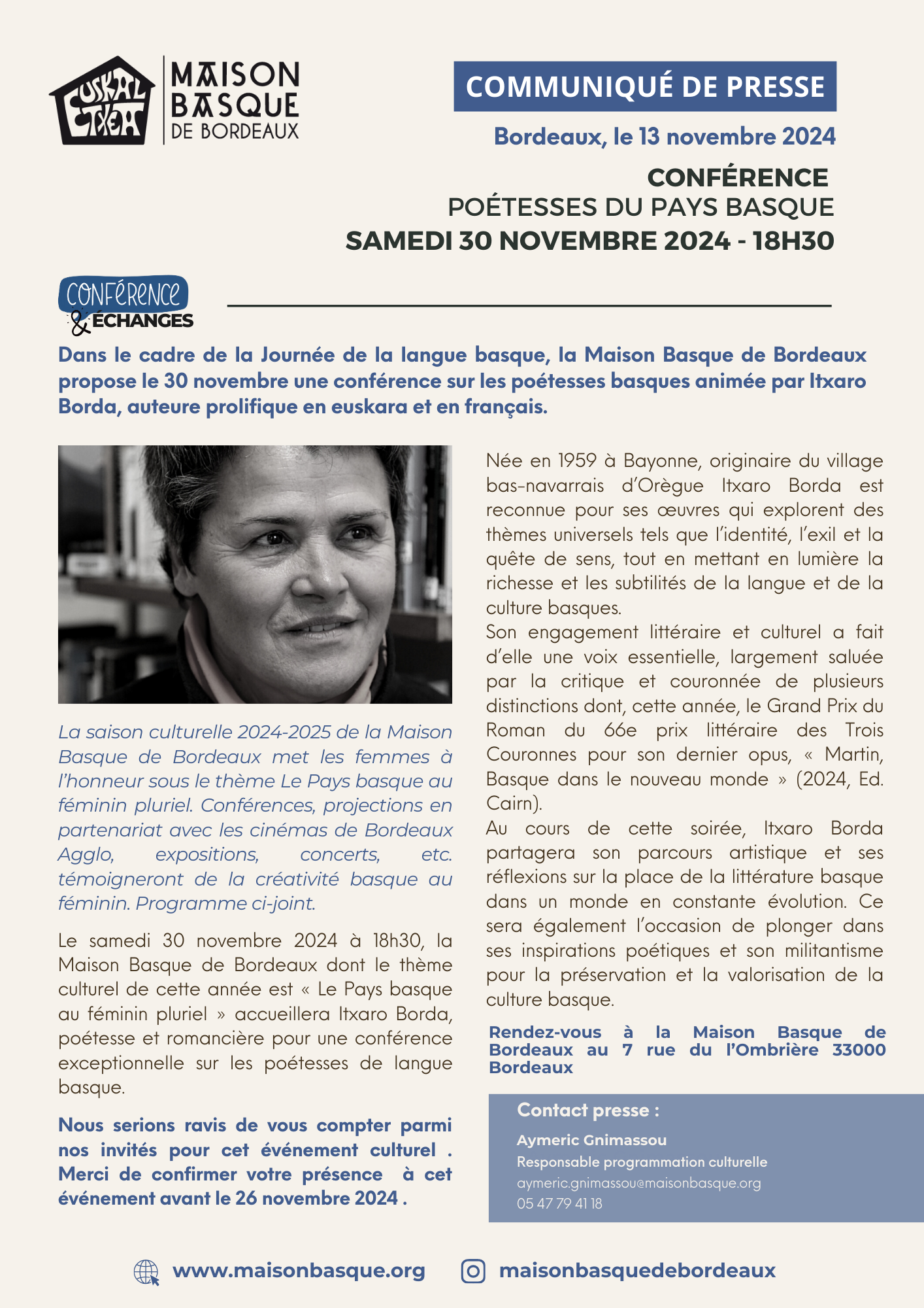 Conférence "Poétesses du Pays Basque" - 13/11/24